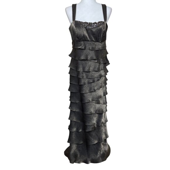 Ignite Evenings Metallic Taupe Gold Tiered Ruffle Gown Formal Wedding Si… - Picture 1 of 9